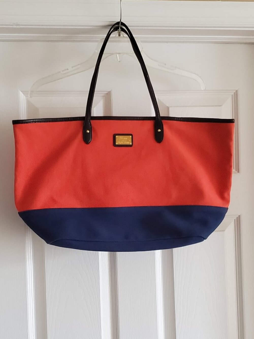 Lauren Ralph Lauren Orange and Blue Fabric Tote Bag Purse